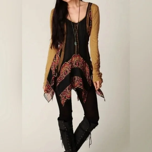 RARE Free People FP ONE Vintage Border Print Tunic Slip Top Shirt size Large - Picture 2 of 11